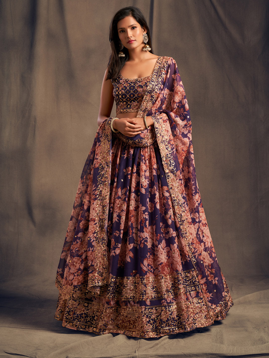 Floral Printed Zari Embroidered Unstitched Lehenga Set