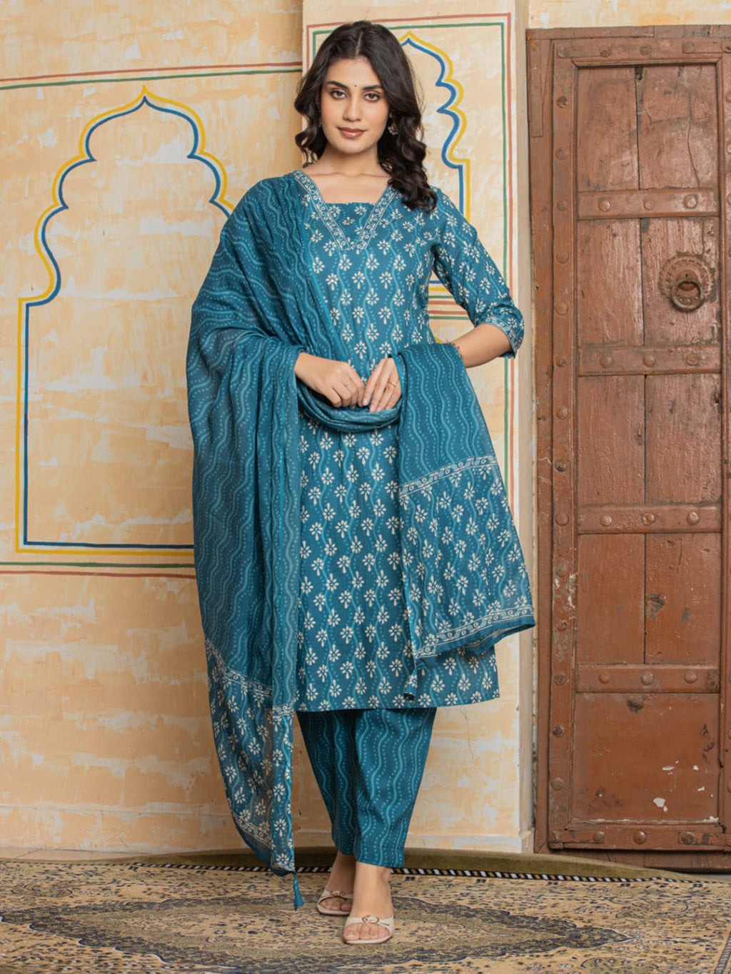 Light Blue Embroidered Cotton Blend Straight Suit Set With Dupatta