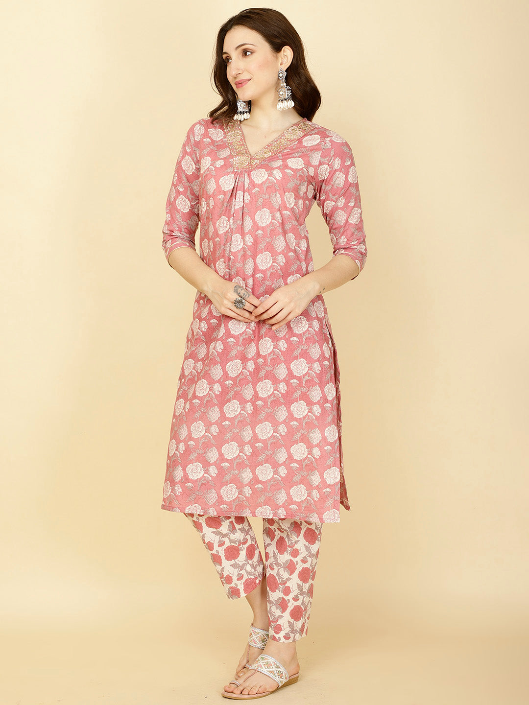 Floral Printed Cotton Kurta With Pants