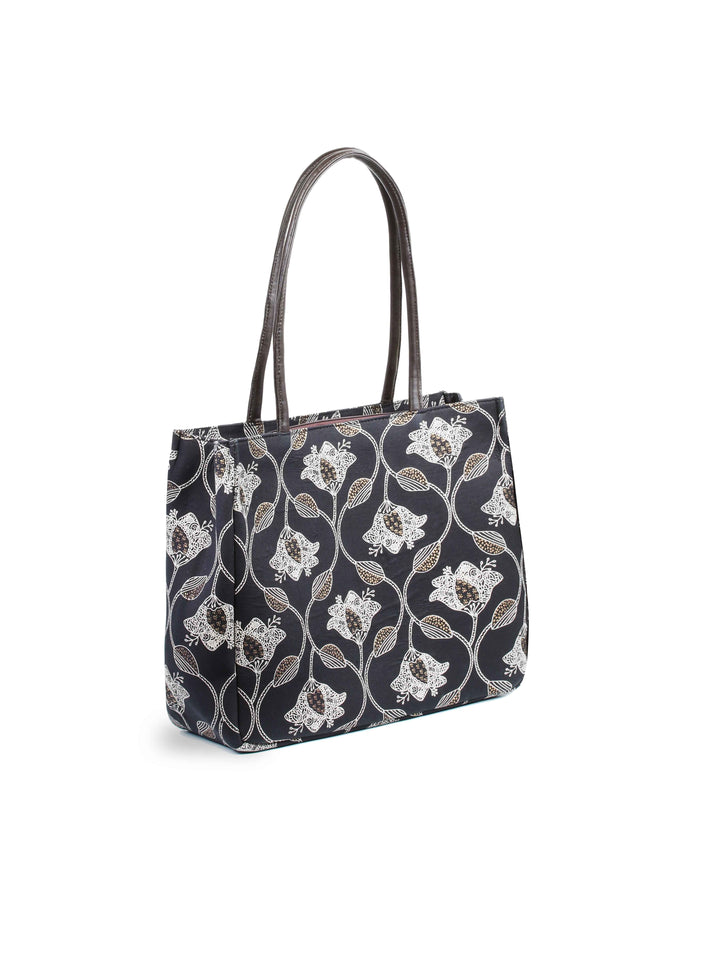 Black Printed Cotton Handbag With Pouch
