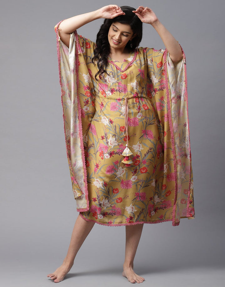 Floral Print Kaftan with Lace Detail