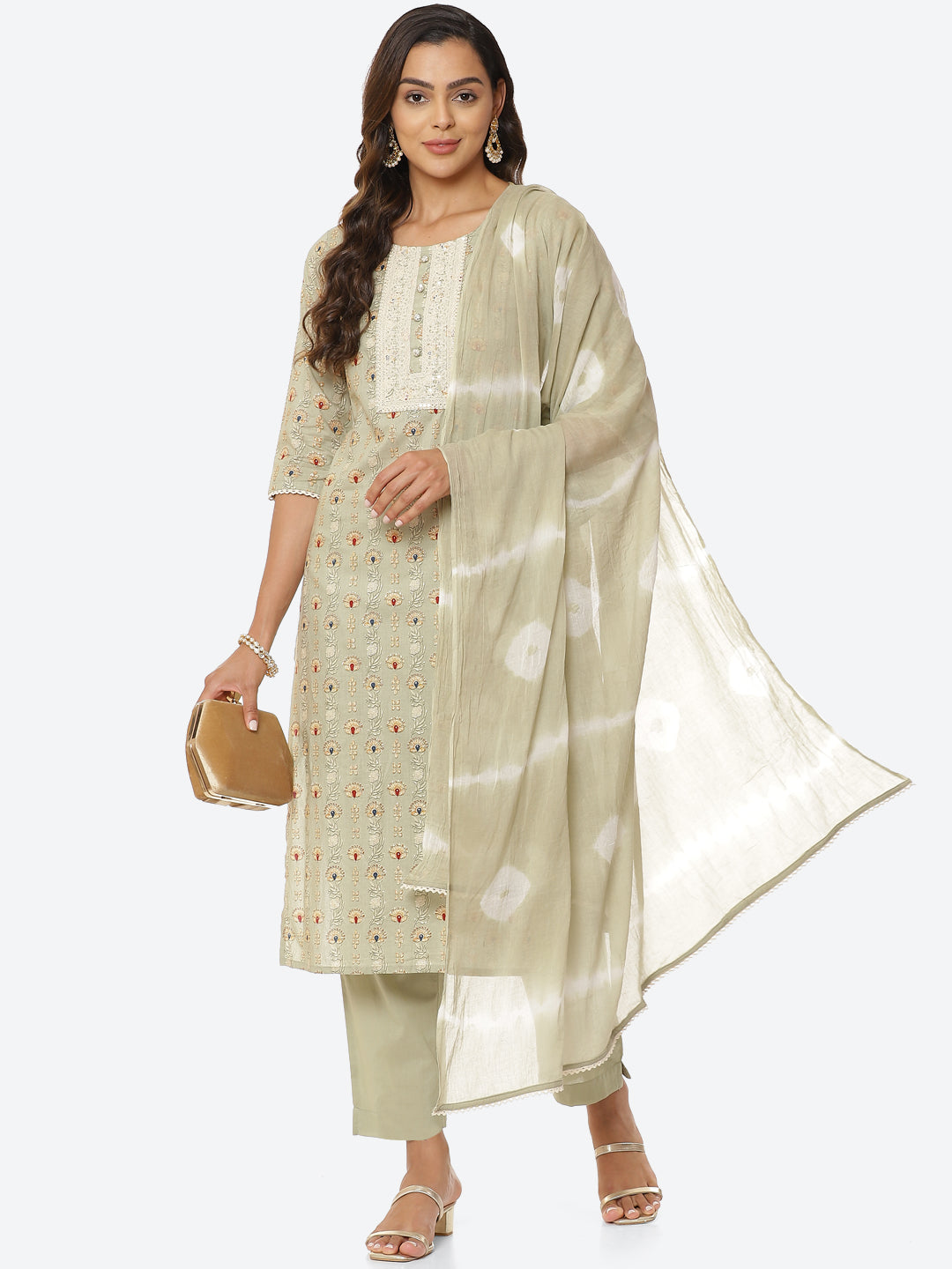 Floral Printed Cotton Kurta With Pant &amp; Cotton Dupatta
