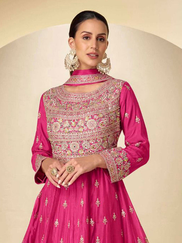 Embroidered Chinnon Suit With Pant &amp; Dupatta