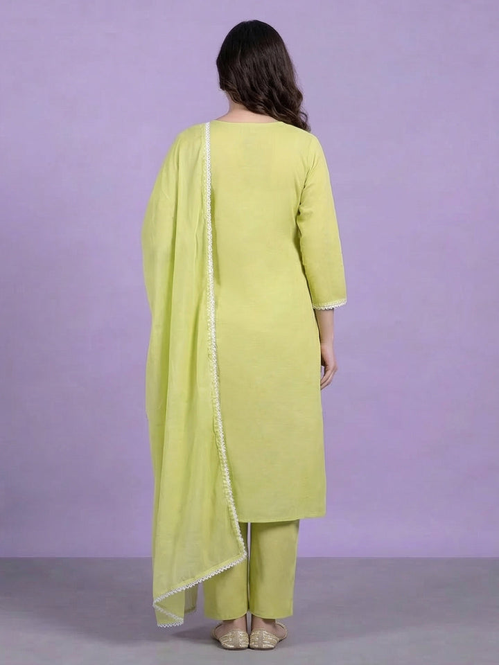 Embroidered Cotton Blend Kurta With Pant &amp; Dupatta