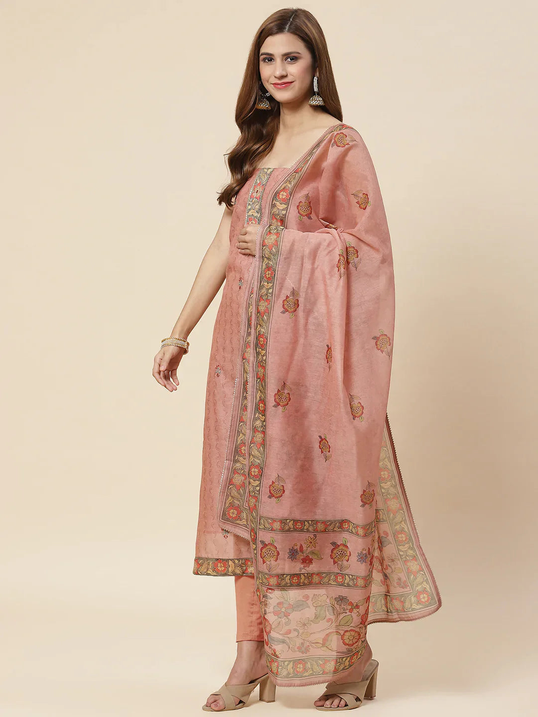 Printed Chanderi Unstitched Suit Piece With Dupatta