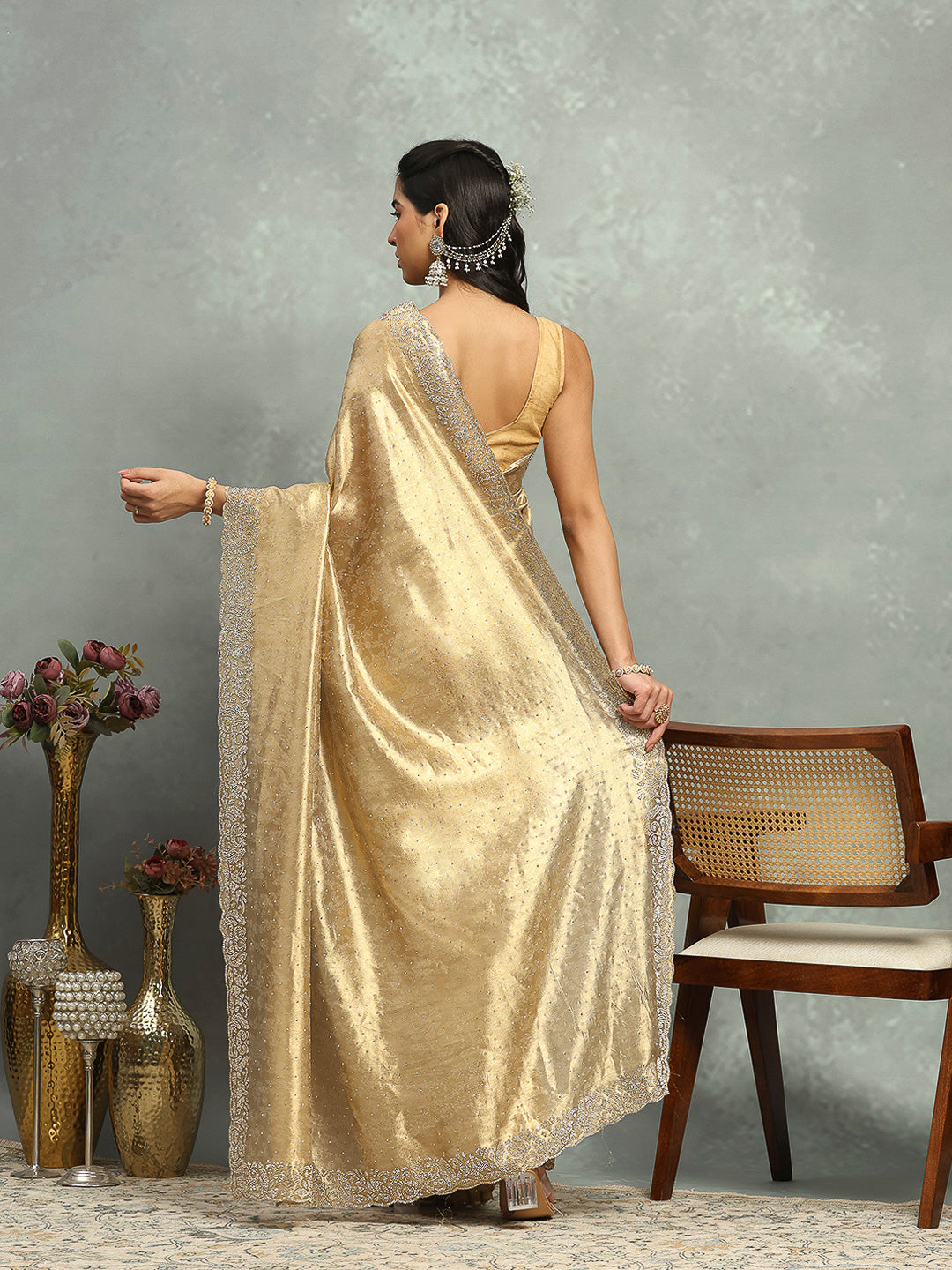 Stone Embellished Tissue Gold Saree
