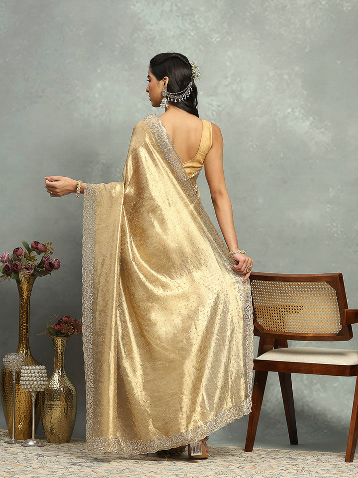 Stone Embellished Tissue Gold Saree