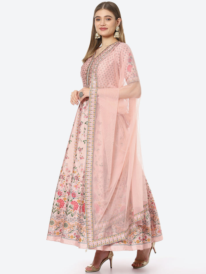 Digital Floral Printed Anarkali Kurta With Churidar &amp; Net Dupatta