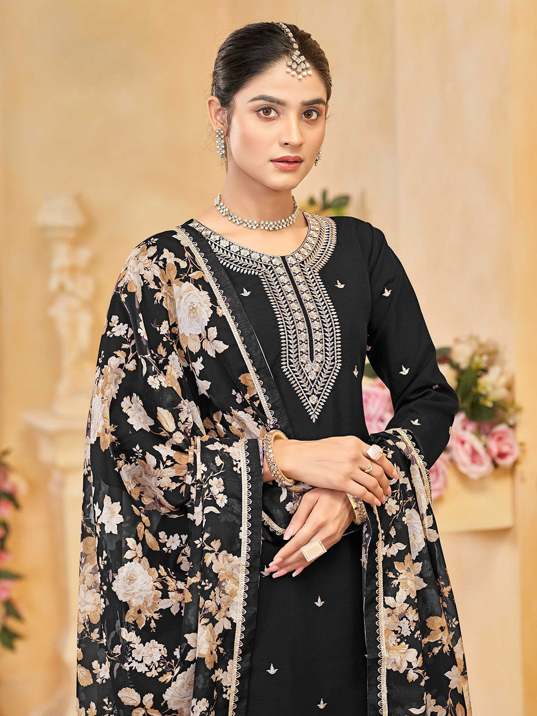 Embroidered Art Silk Kurta With Plazzo &amp; Dupatta