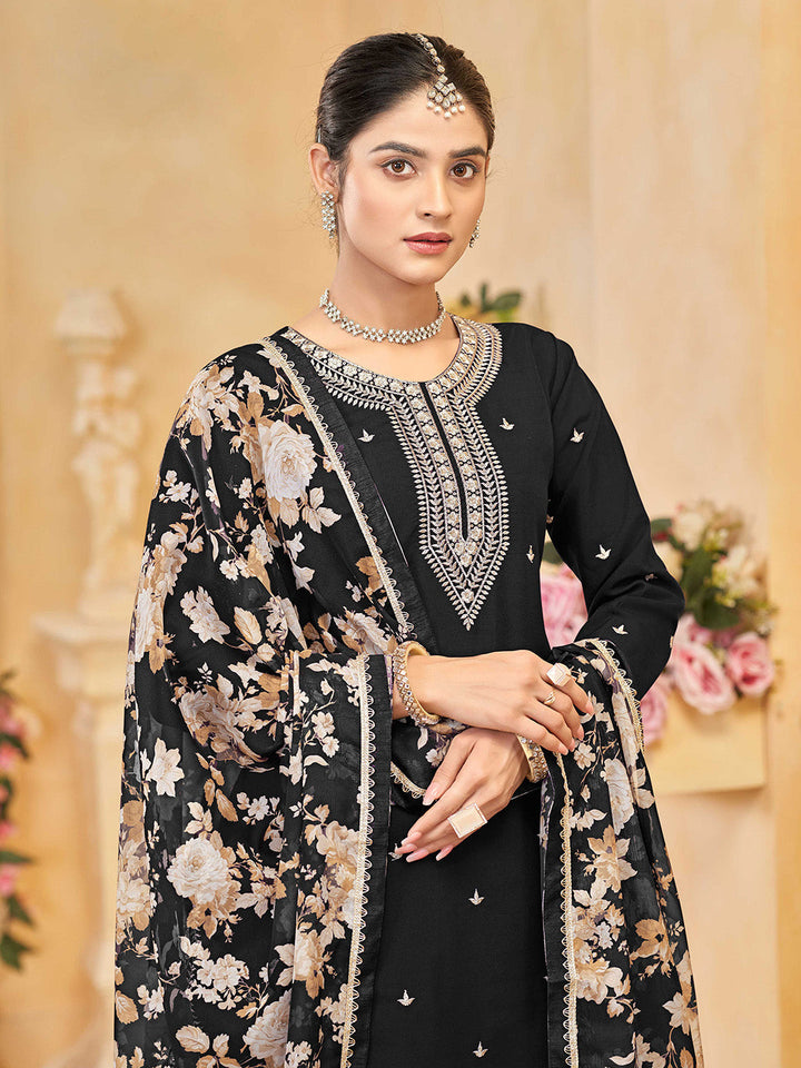 Embroidered Art Silk Kurta With Plazzo &amp; Dupatta
