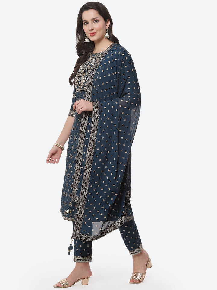 Zari Work Cotton Muslin Kurti Printed Pant And Dupatta