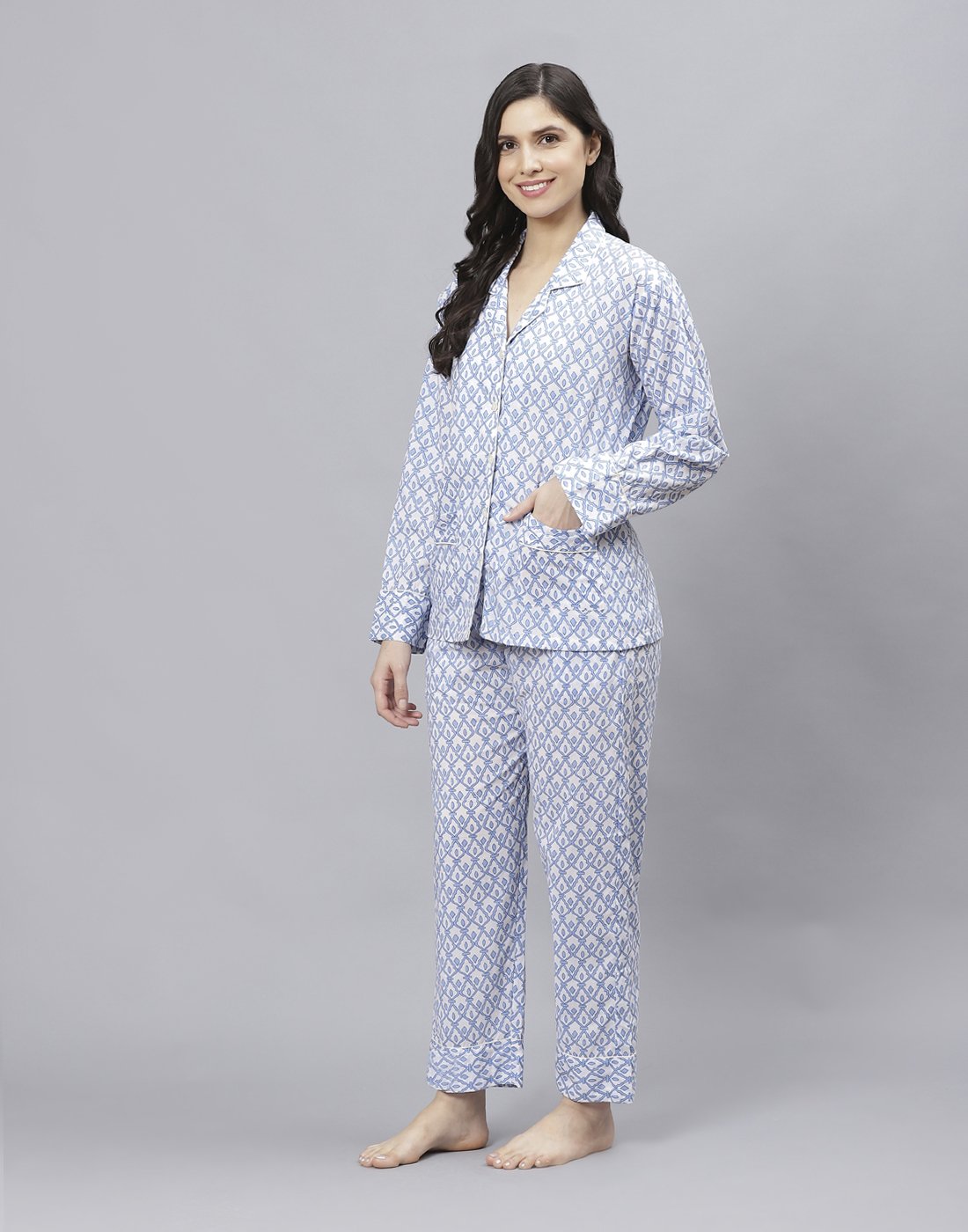 Blue Cotton Printed Comfort Wear