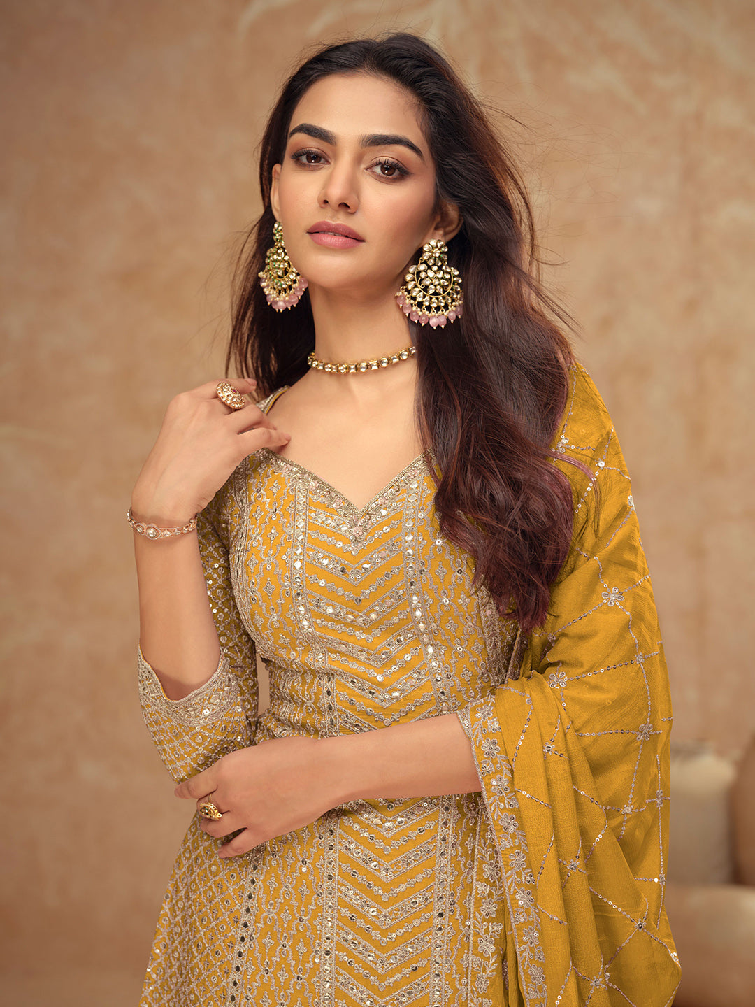 Embroidered Chinnon Kurta With Plazzo &amp; Dupatta