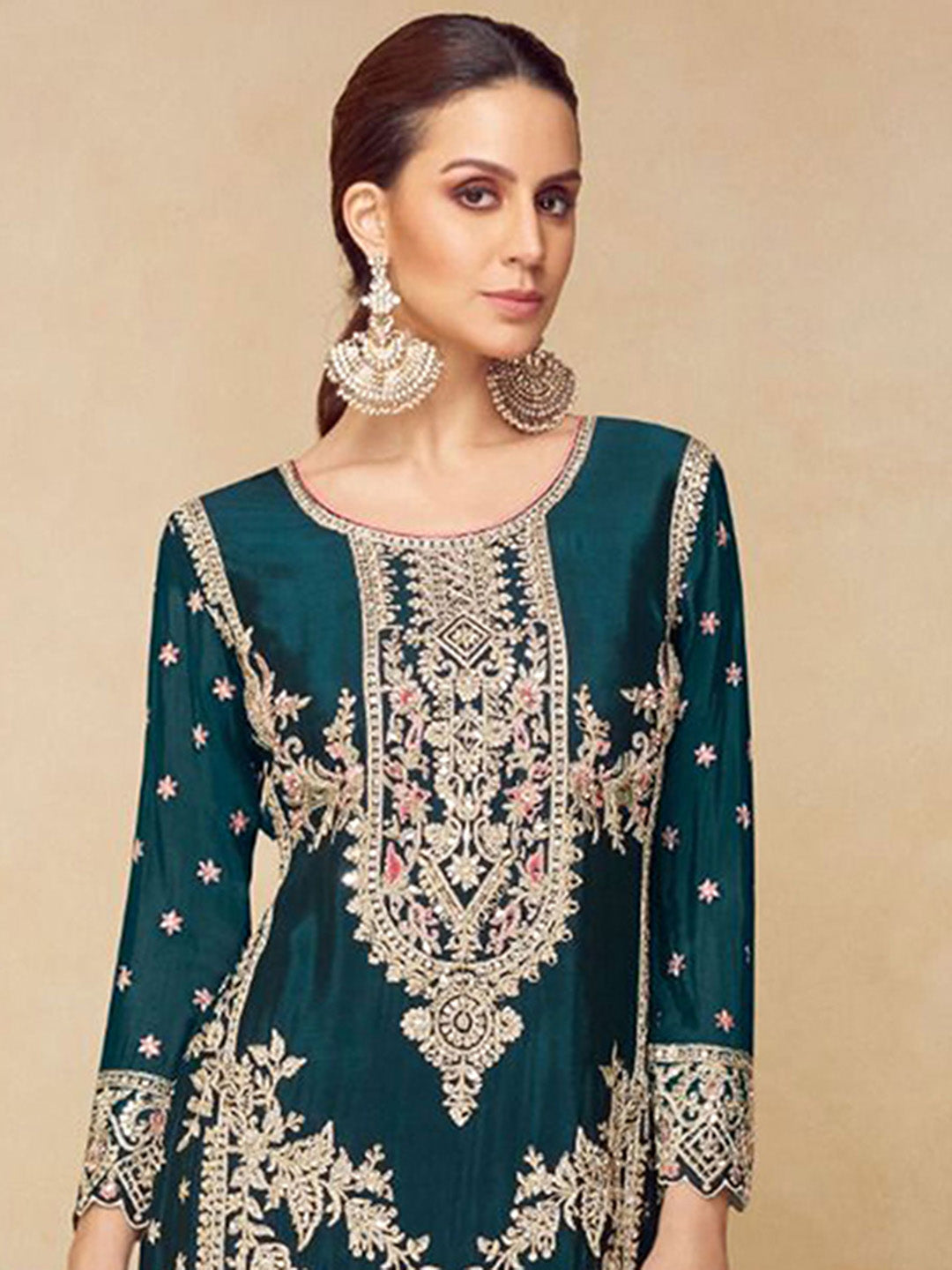 Embroidered Chinnon Kurta With Plazzo &amp; Dupatta