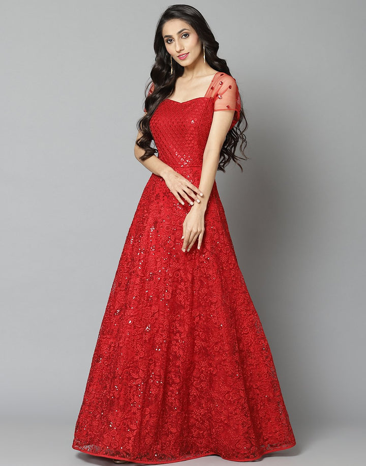 Elegant Red Net Long Dress
