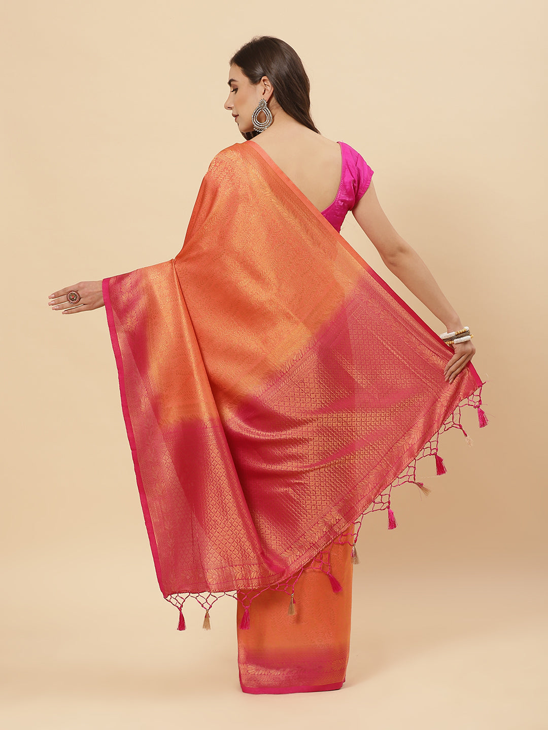 Brocade Zari Jaal Art Handloom Saree  with Contrast Blouse