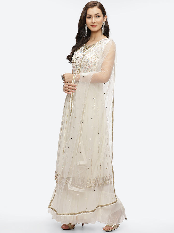 Zari Embroidered Georgette Kurta With Palazzo &amp; Dupatta