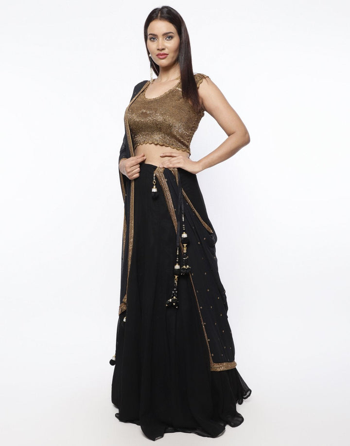 MBZ Meena Bazaar-Black Crochet Georgette Lehenga