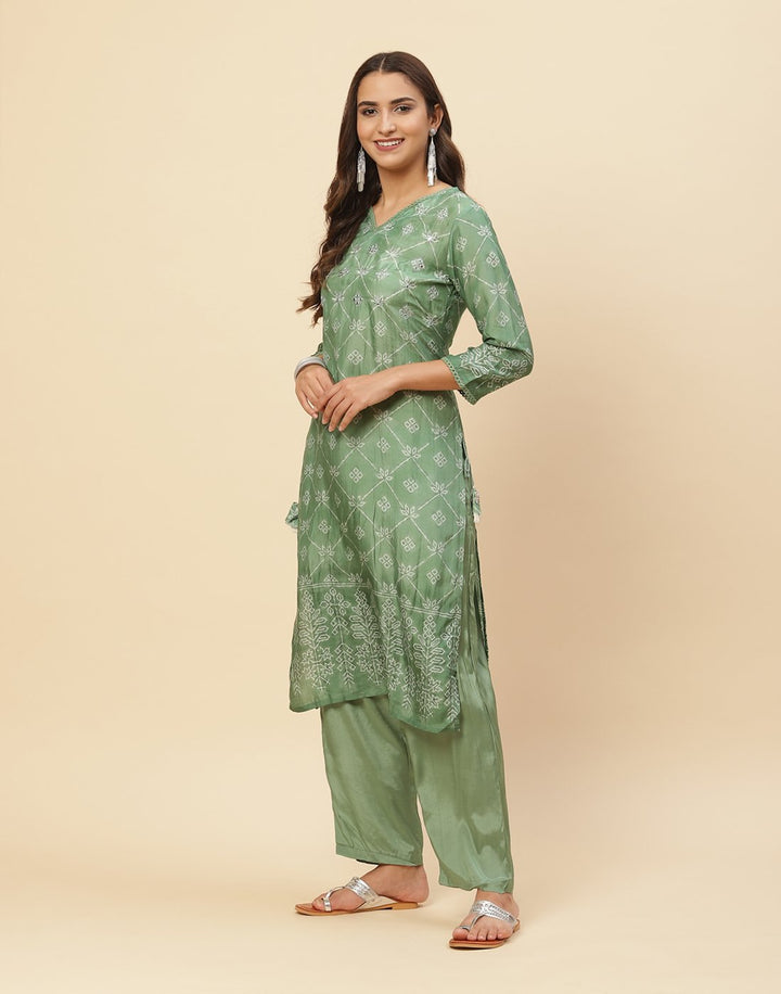 Mirror Work Printed Cotton Muslin Kurti With Pant