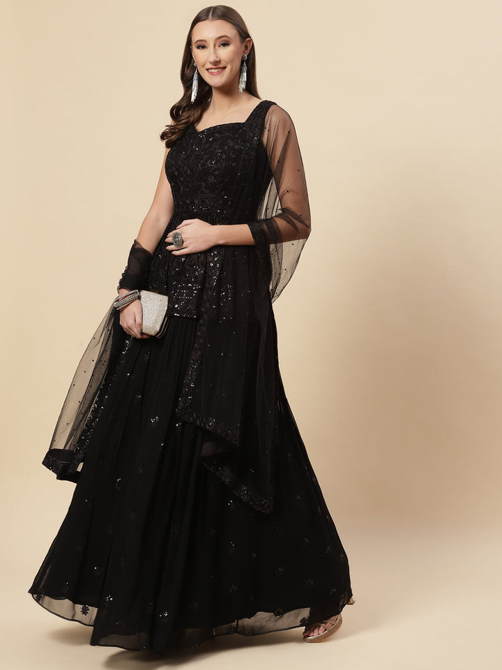 Sequin Embroidered Georgette Choli With Lehenga &amp; Net Dupatta