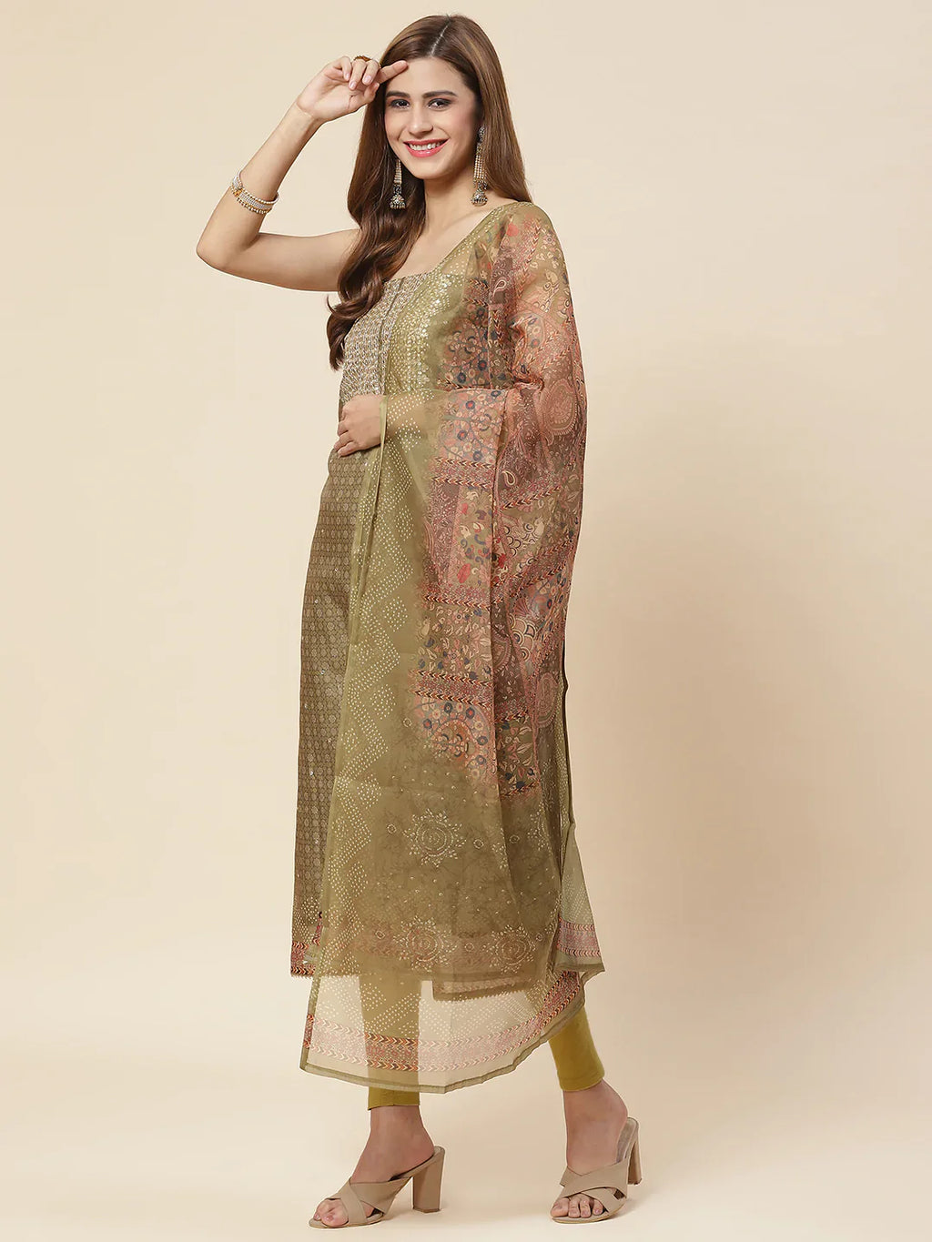 Neck Embroidered & Printed Chanderi Unstitched Suit Piece With Dupatta