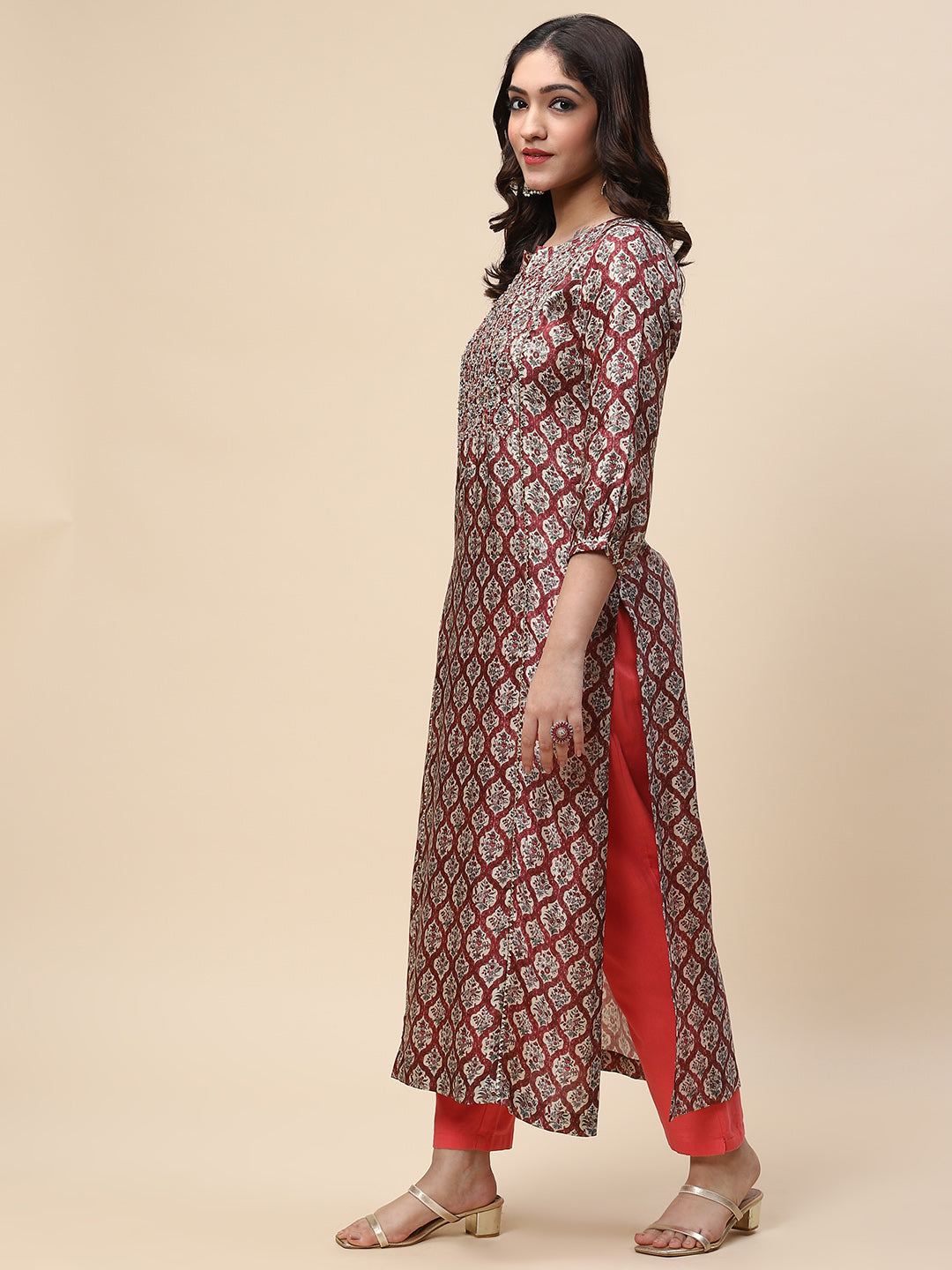 Zari Neck Embroidered &amp; Printed Satin Kurta