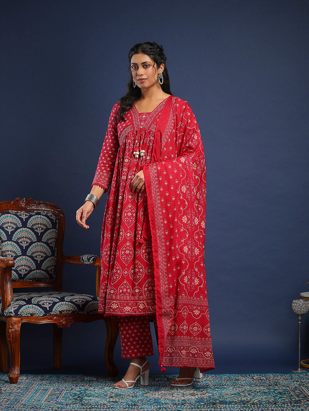 Pink Cotton Blend Printed Straight Suit Set