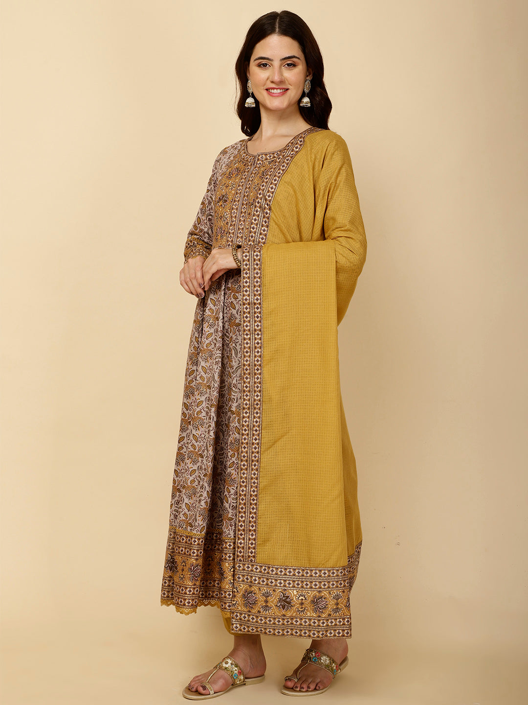 Floral Block Printed Anarkali Kurta With Pants &amp; Dupatta