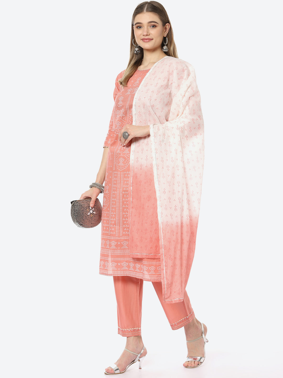Bandhani Mirror Work Cotton Kurta With Pant &amp; Cotton Dupatta