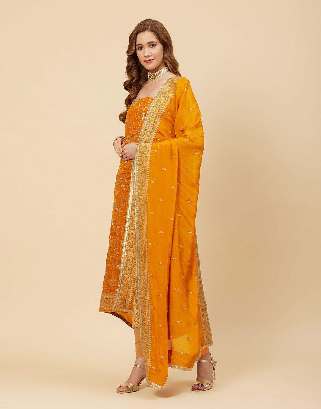 Embroidered Art Handloom Dupion Suit Piece With Chinon Embroidered Dupatta
