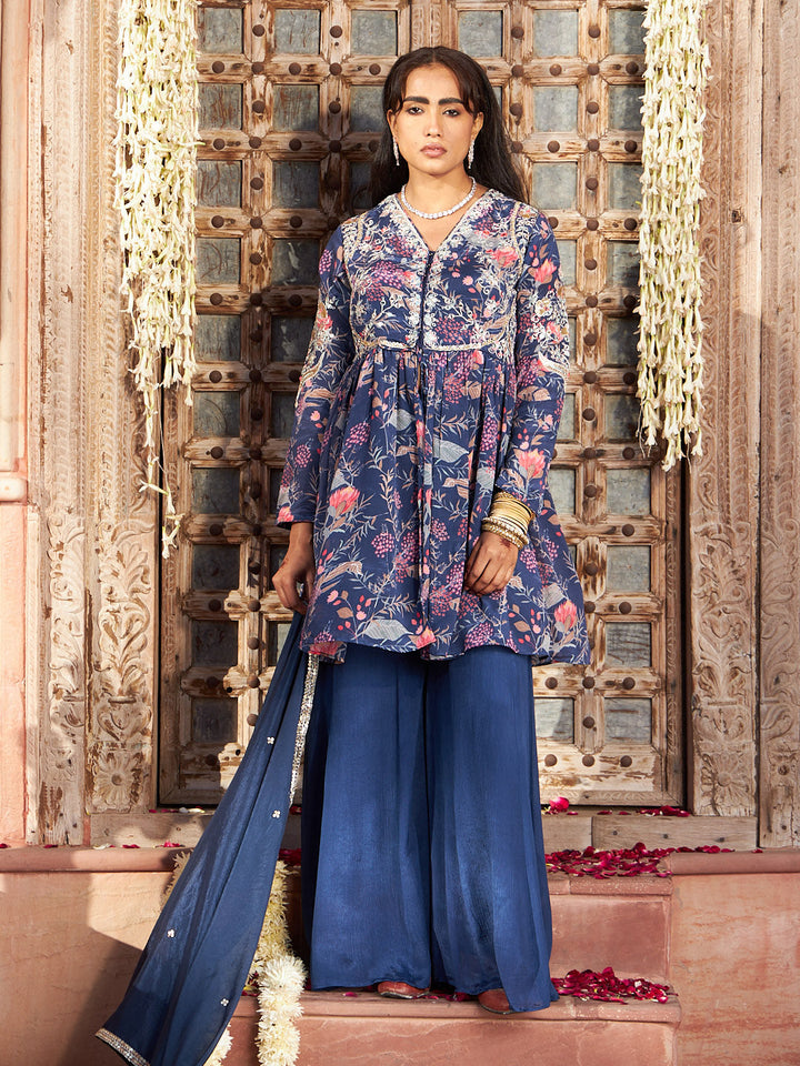 Blue Embroidered Chinon Kurta with Palazzo