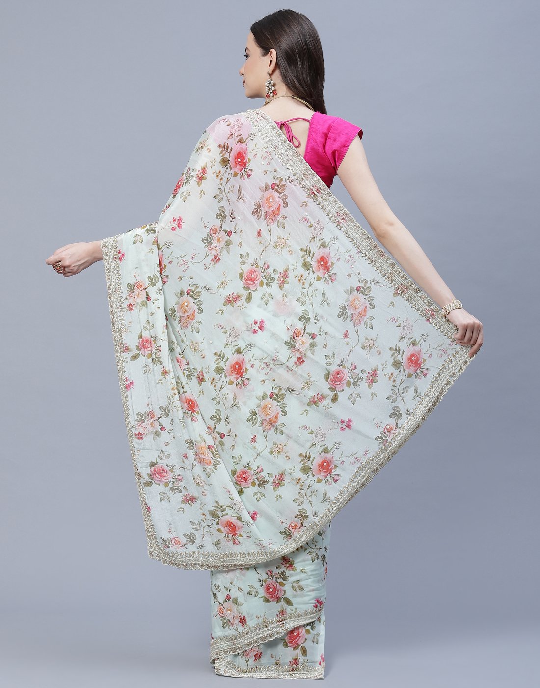 Digital Floral Printed Crepe Saree with Silver Zari Embroidery