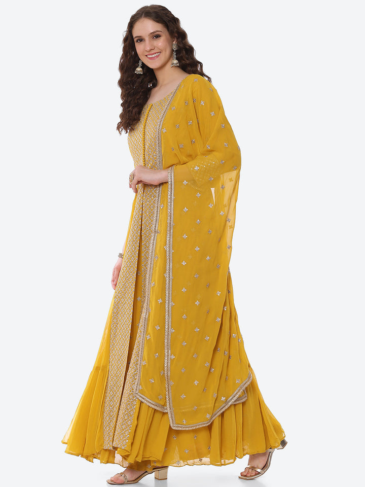 Zari Booti Neck Embroidered Georgette Kurta With Palazzo &amp; Dupatta