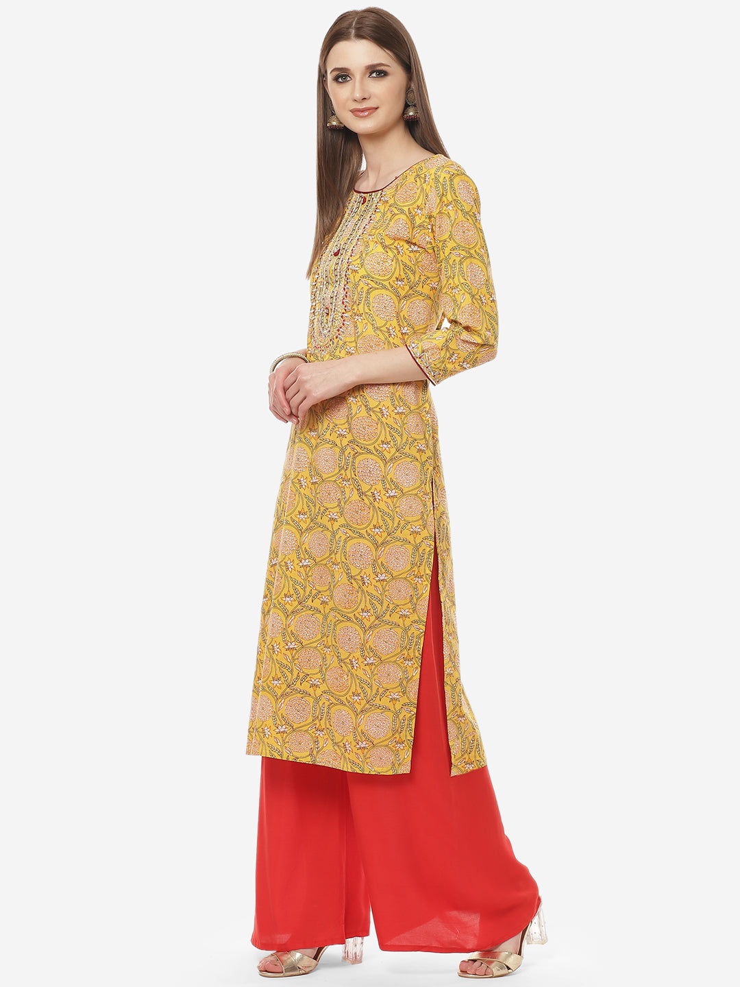 Printed Neck Embroidered Cotton Kurti