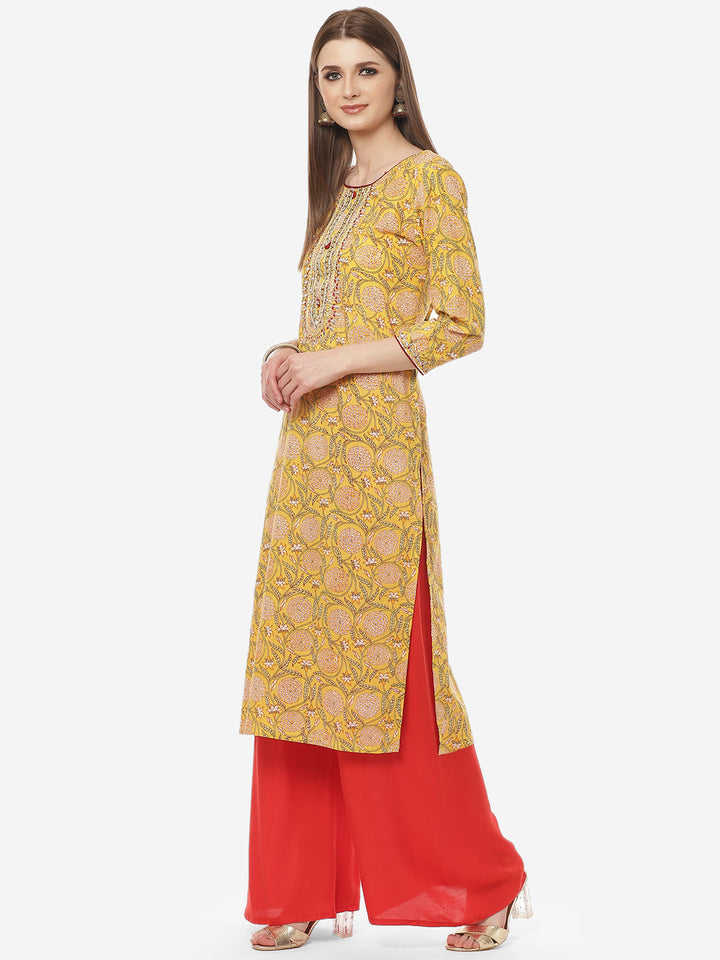 Printed Neck Embroidered Cotton Kurti