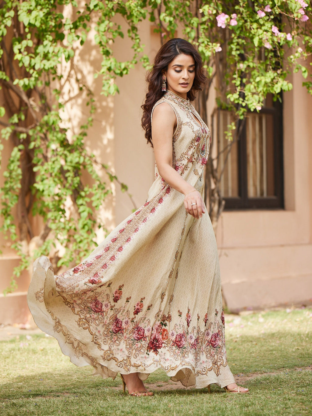 Floral Digital Printed Crepe A-Line Gown Dress