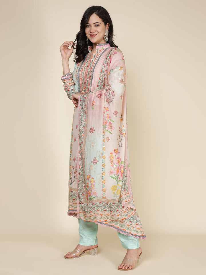 Printed Muslin Blend Kurta With Pants &amp; Dupatta