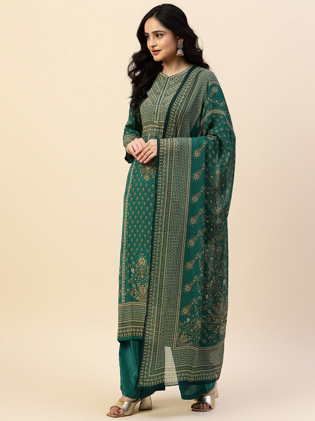 Digital Printed Crepe Kurta With Palazzo &amp; Dupatta