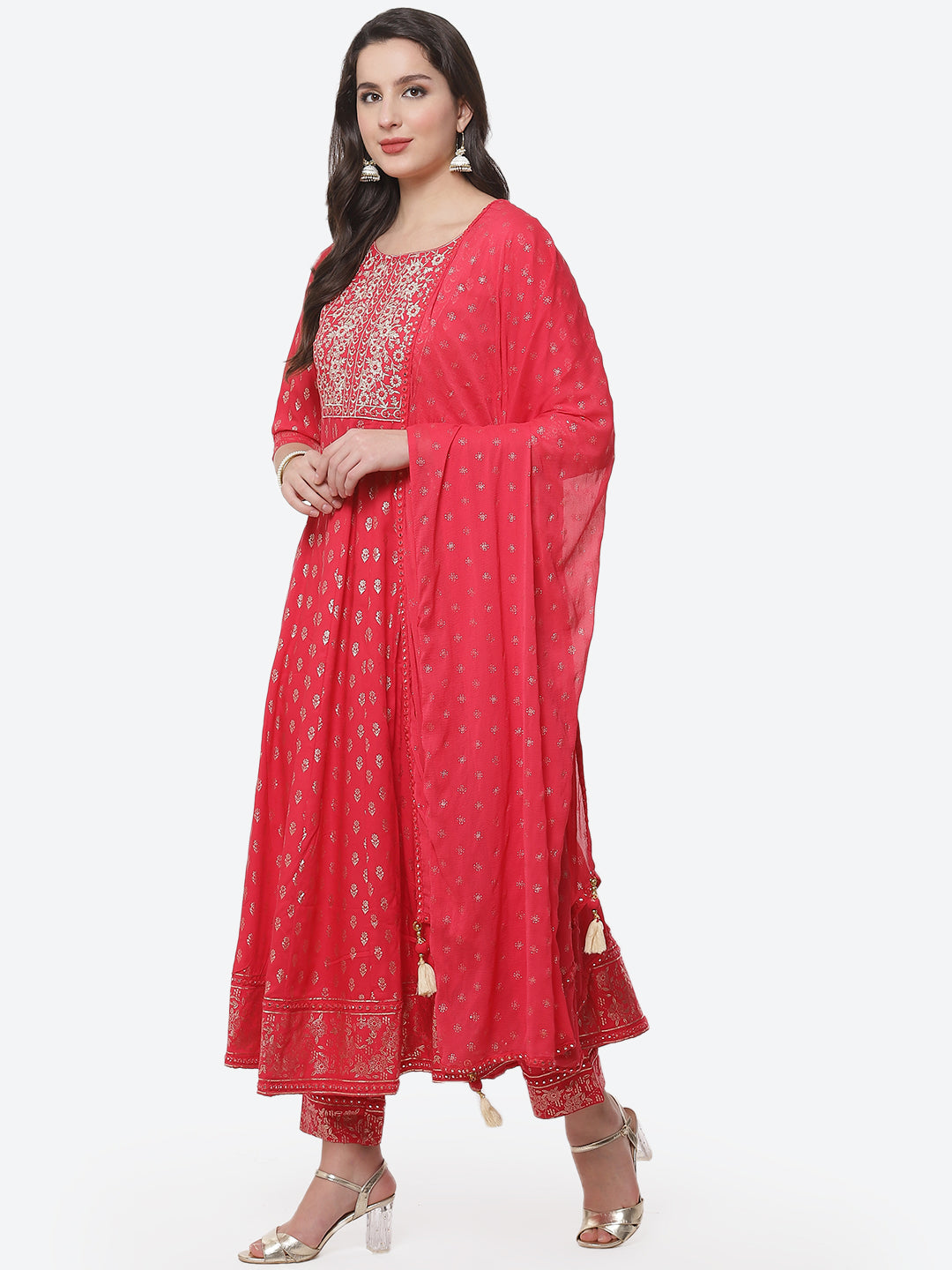 Printed Zari Neck Cotton Stitched Anarkali Salwar Kameez With Chiffon Dupatta