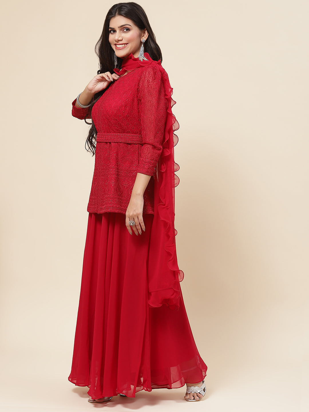 Resham Embroidered Georgette Kurti With Palazzo &amp; Dupatta