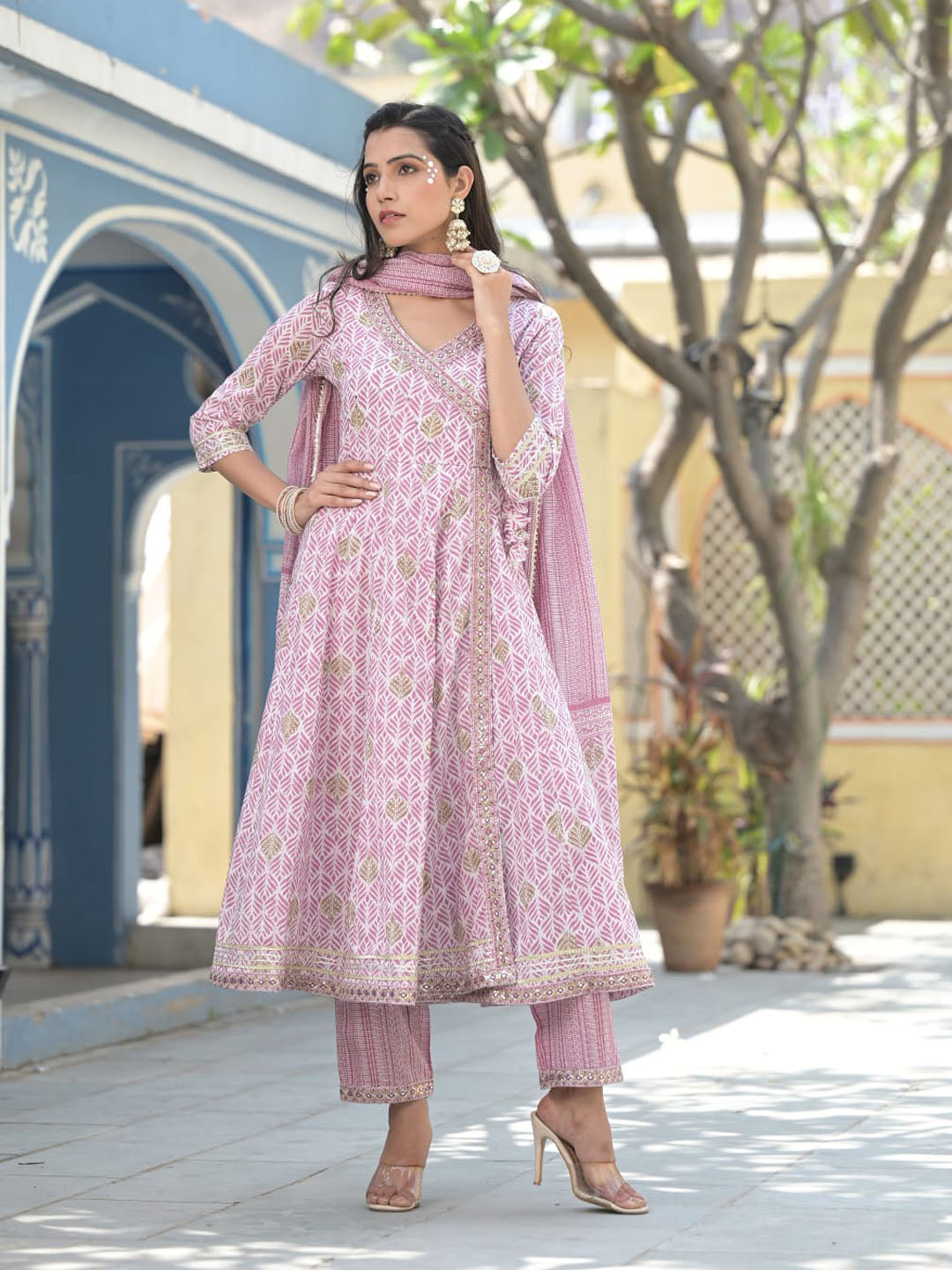 Printed Cotton Kurta With Pants &amp; Dupatta
