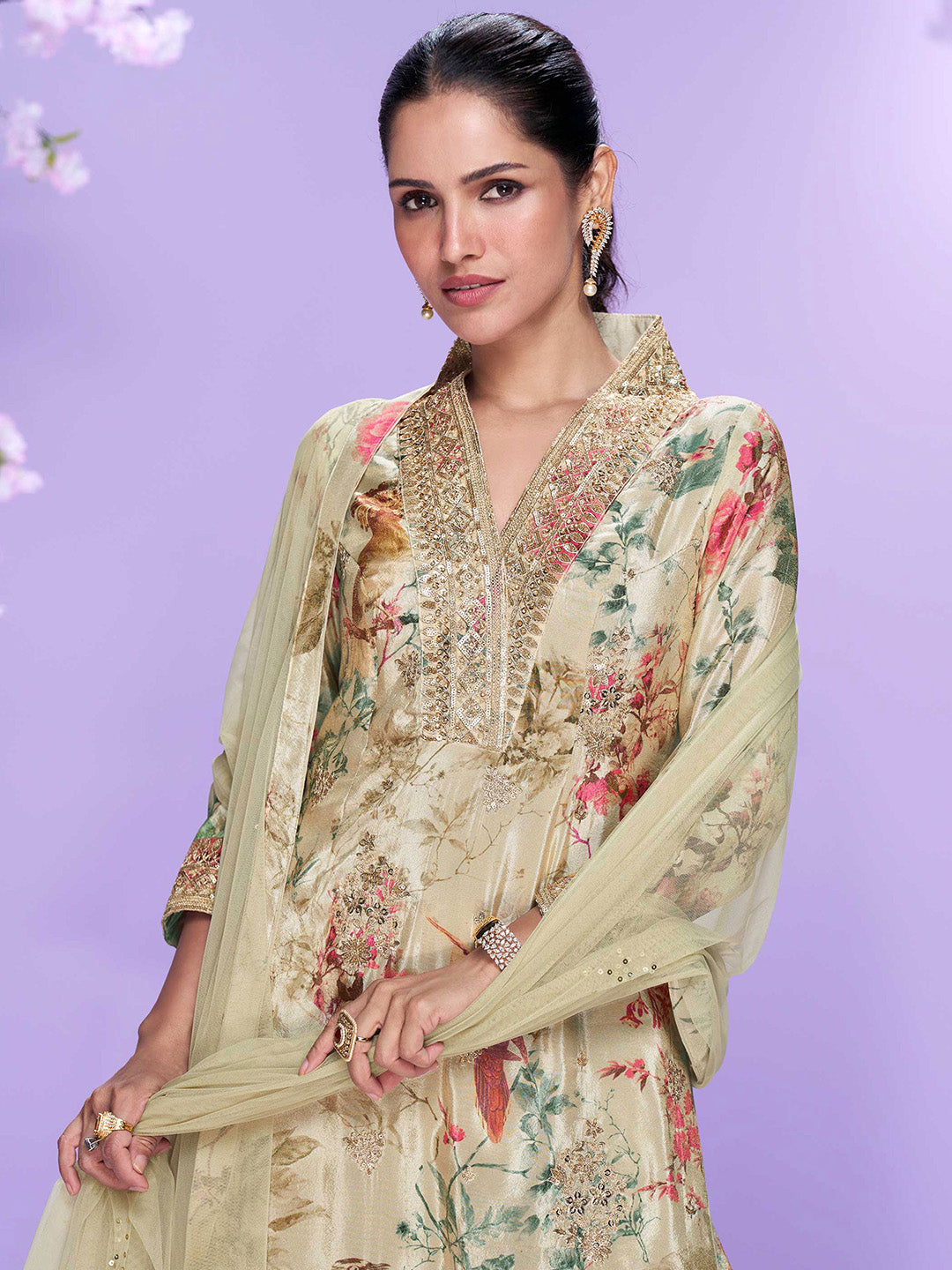 Embroidered Chinon Suit With Pant &amp; Dupatta