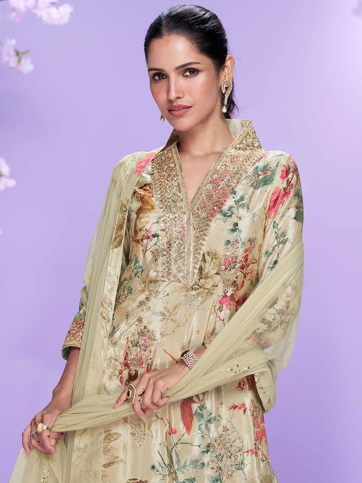 Embroidered Chinon Suit With Pant &amp; Dupatta