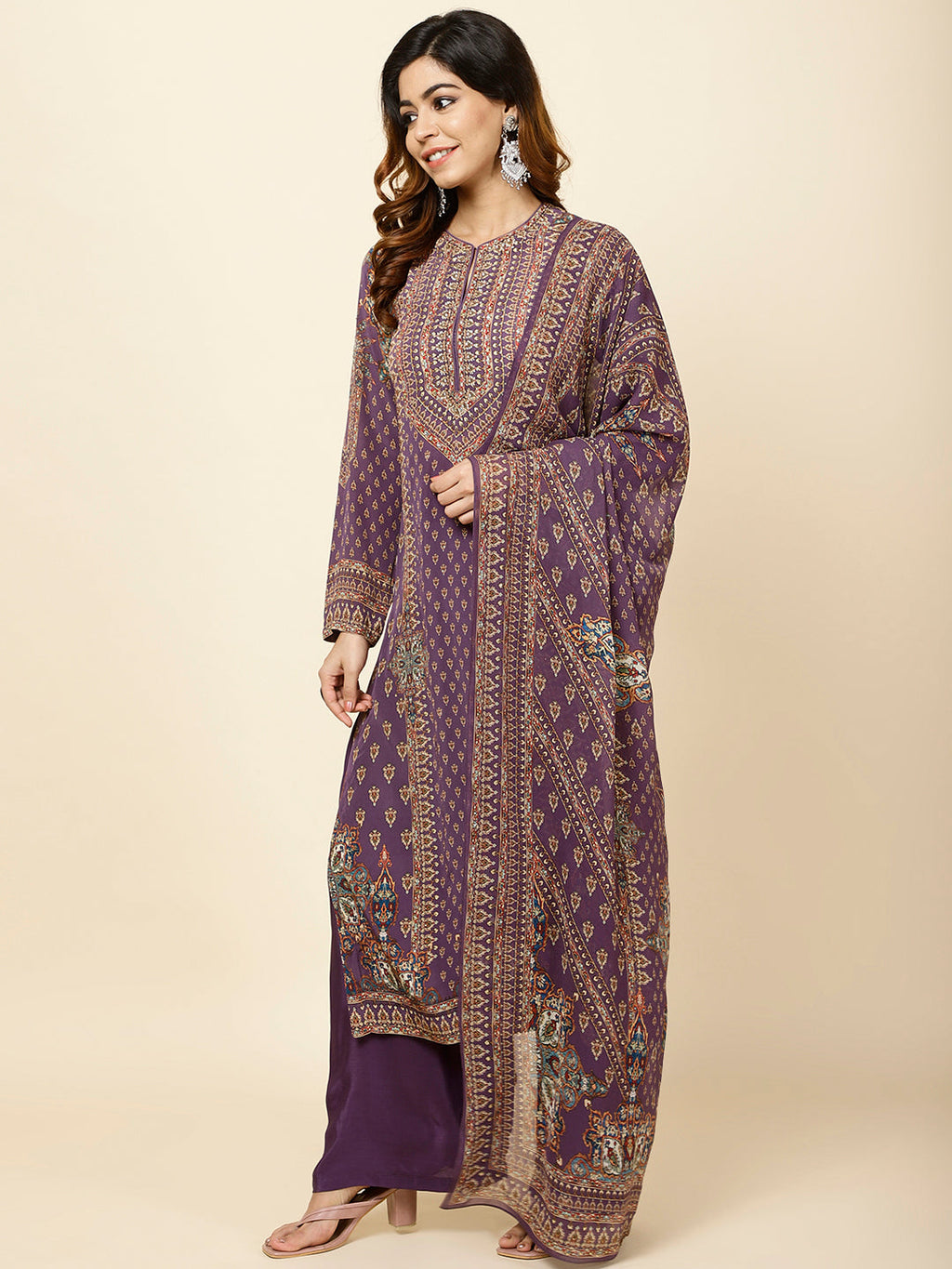 Digitally Printed Crepe Kurta With Palazzo & Dupatta