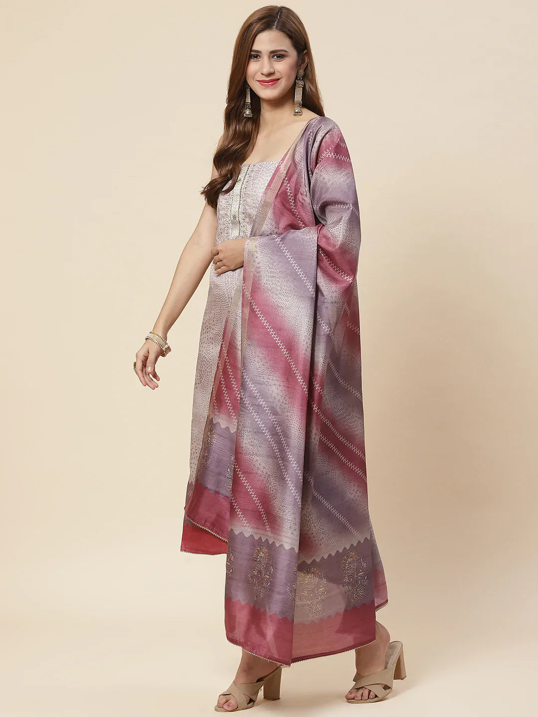 Neck Embroidered Art Tussar Unstitched Suit Piece With Dupatta