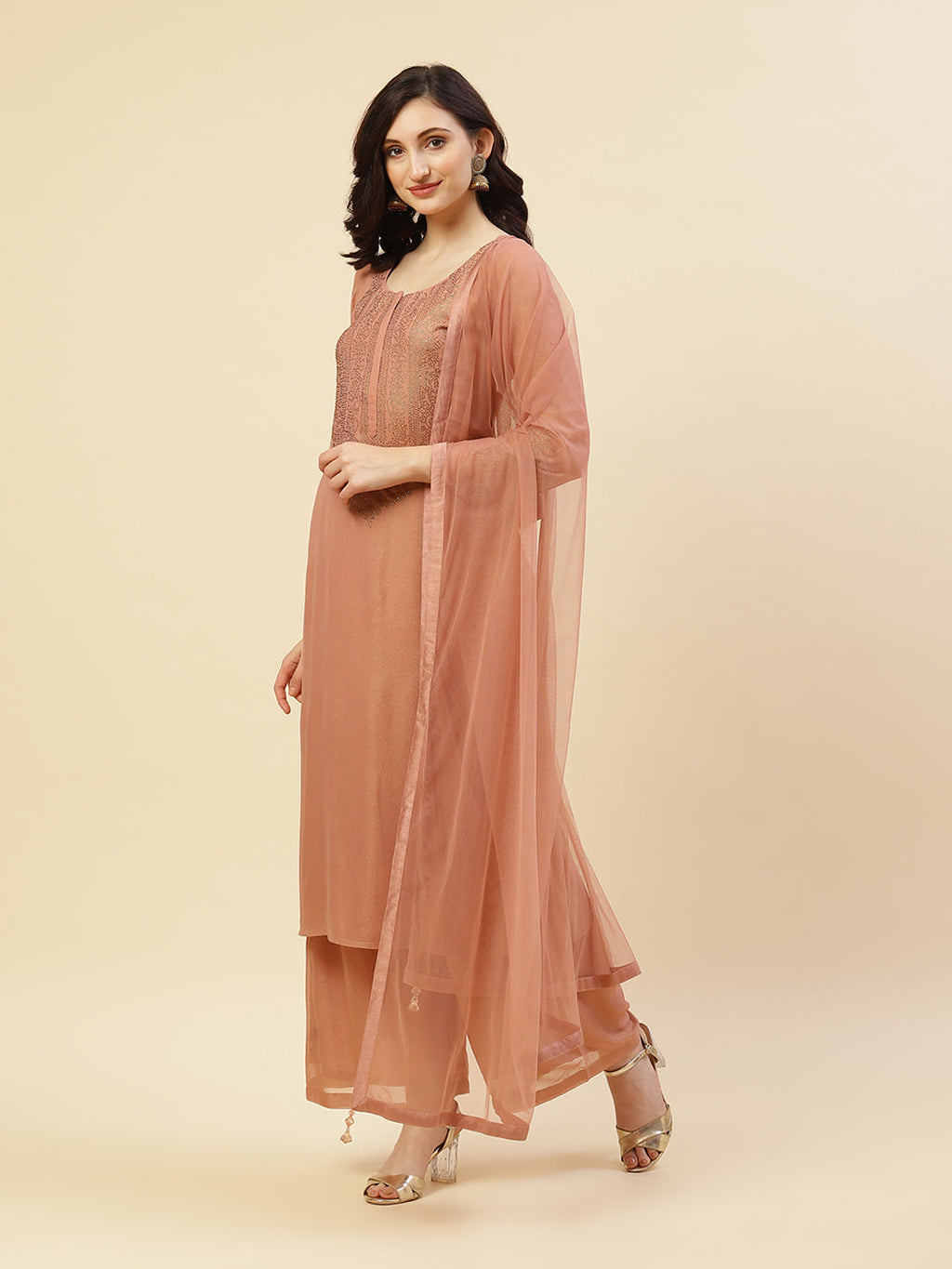 Embroidered Georgette Kurti With Palazzo And Dupatta