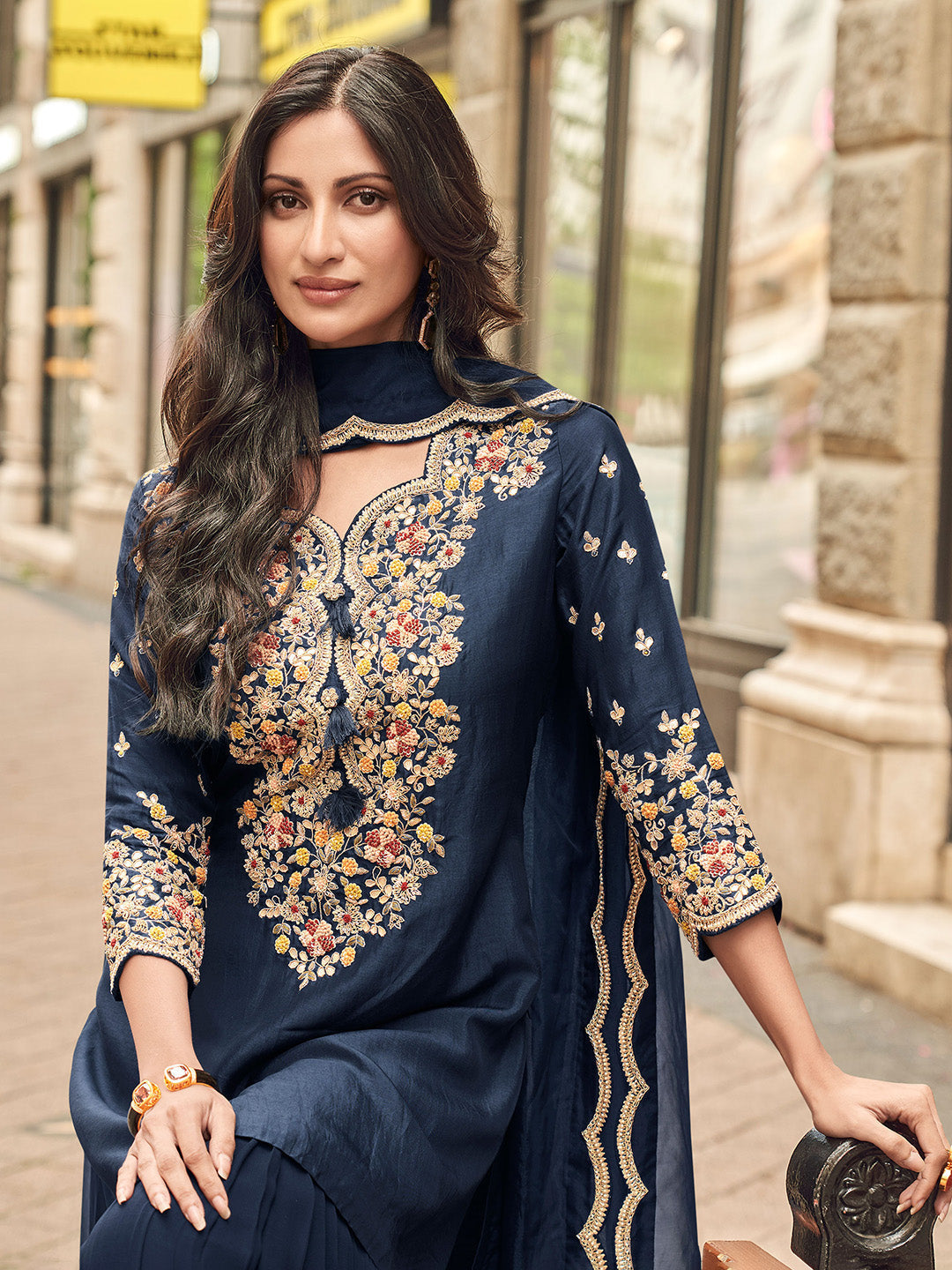 Embroidered Georgette Kurta With Sharara &amp; Dupatta