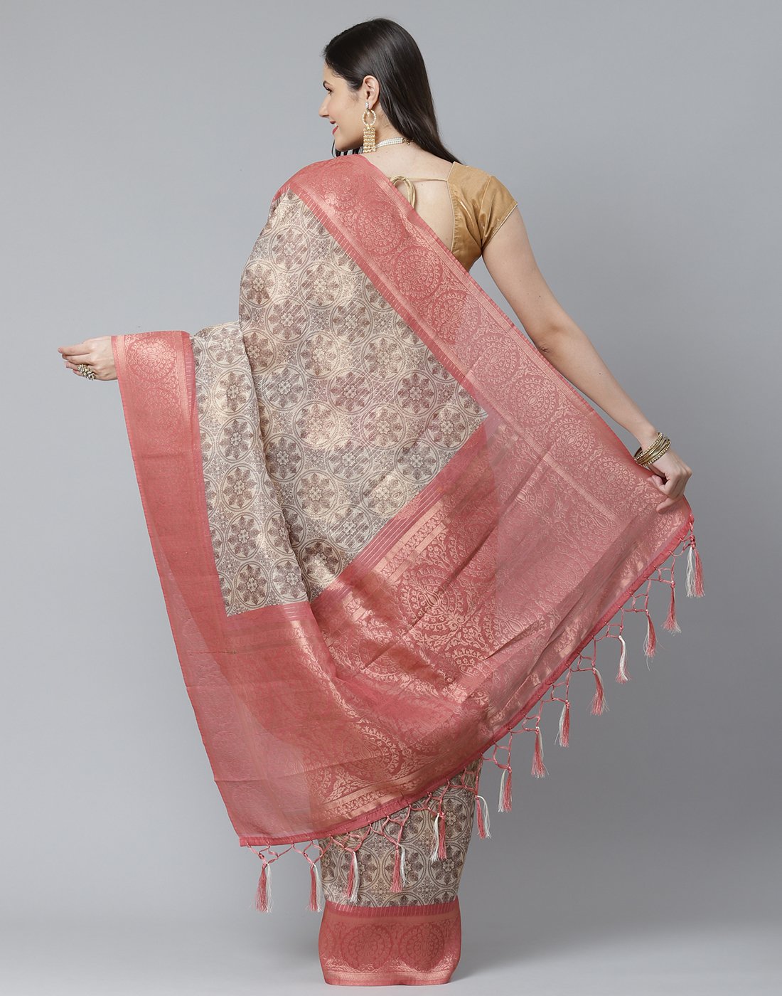 Floral Print With Contrast Border Cotton Chanderi Saree