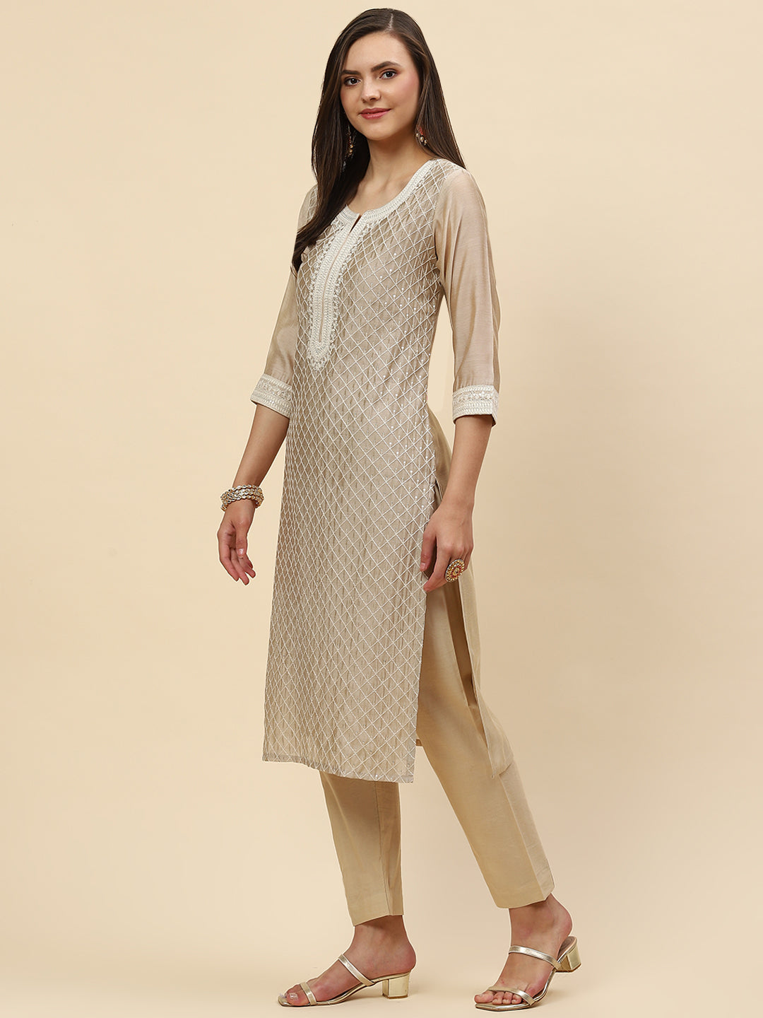 Sequin Embroidered Chanderi Kurta With Pants