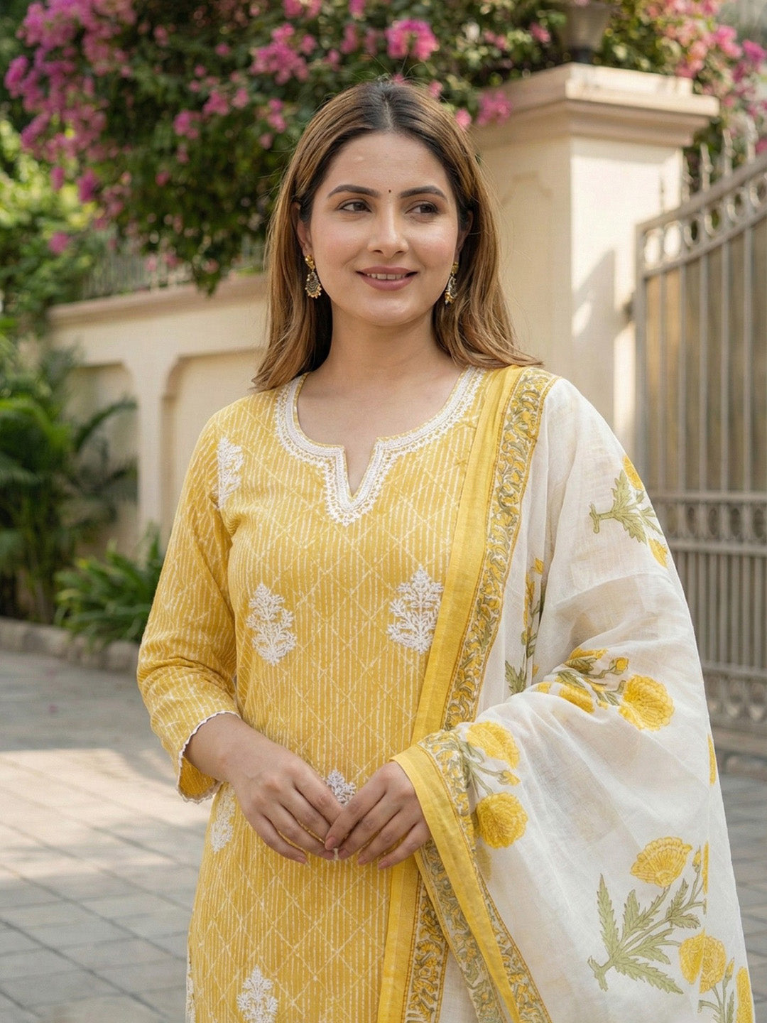 Yellow Cotton Blend Printed Straight Suit Set